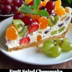Creamy Fruit Salad Cheesecake topped with vibrant fruits and whipped cream