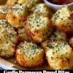 Garlic Parmesan Bread Bites served on a rustic wooden plate