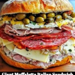Giant Muffaletta Italian sandwich with layers of meats and olive salad