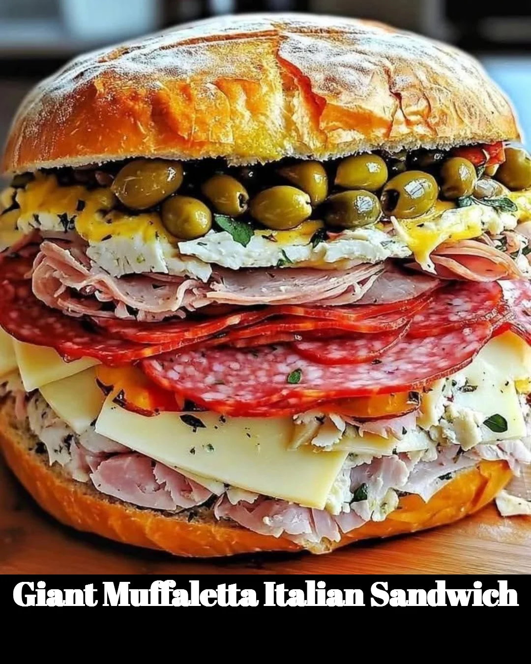 Giant Muffaletta Italian sandwich with layers of meats and olive salad