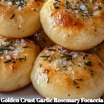 Golden crust garlic rosemary focaccia muffins on a wooden board