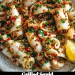 Delicious grilled squid served on a plate garnished with fresh herbs