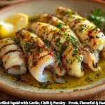 Delicious grilled squid served with garlic, chili, and parsley garnish