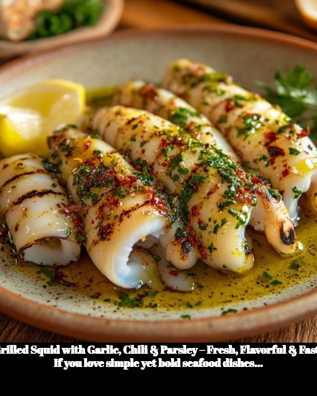 Delicious grilled squid served with garlic, chili, and parsley garnish