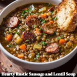 Bowl of hearty rustic sausage and lentil soup with fresh garden vegetables