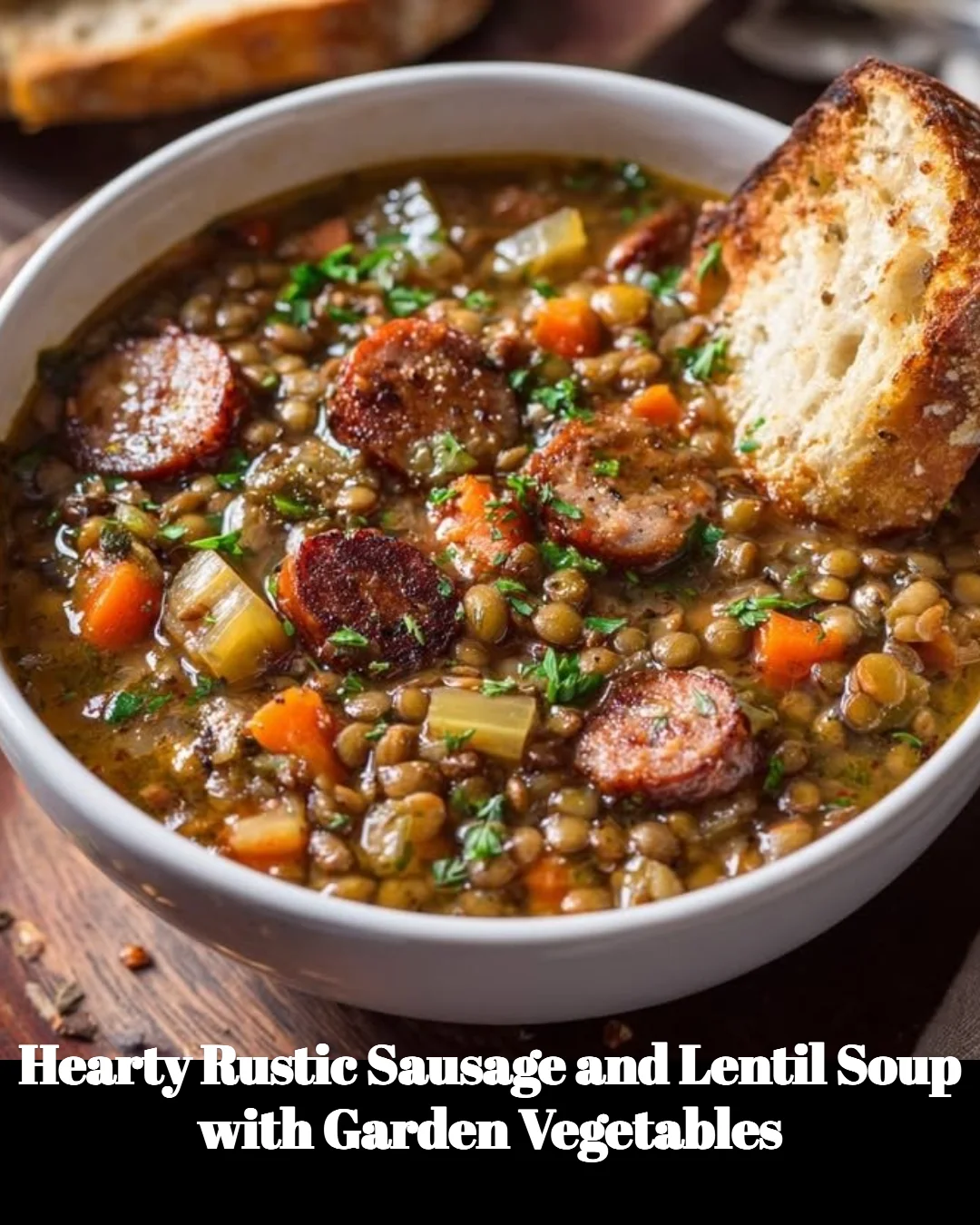 Bowl of hearty rustic sausage and lentil soup with fresh garden vegetables