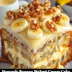 Heavenly banana walnut cream cake with frosting and nuts on top