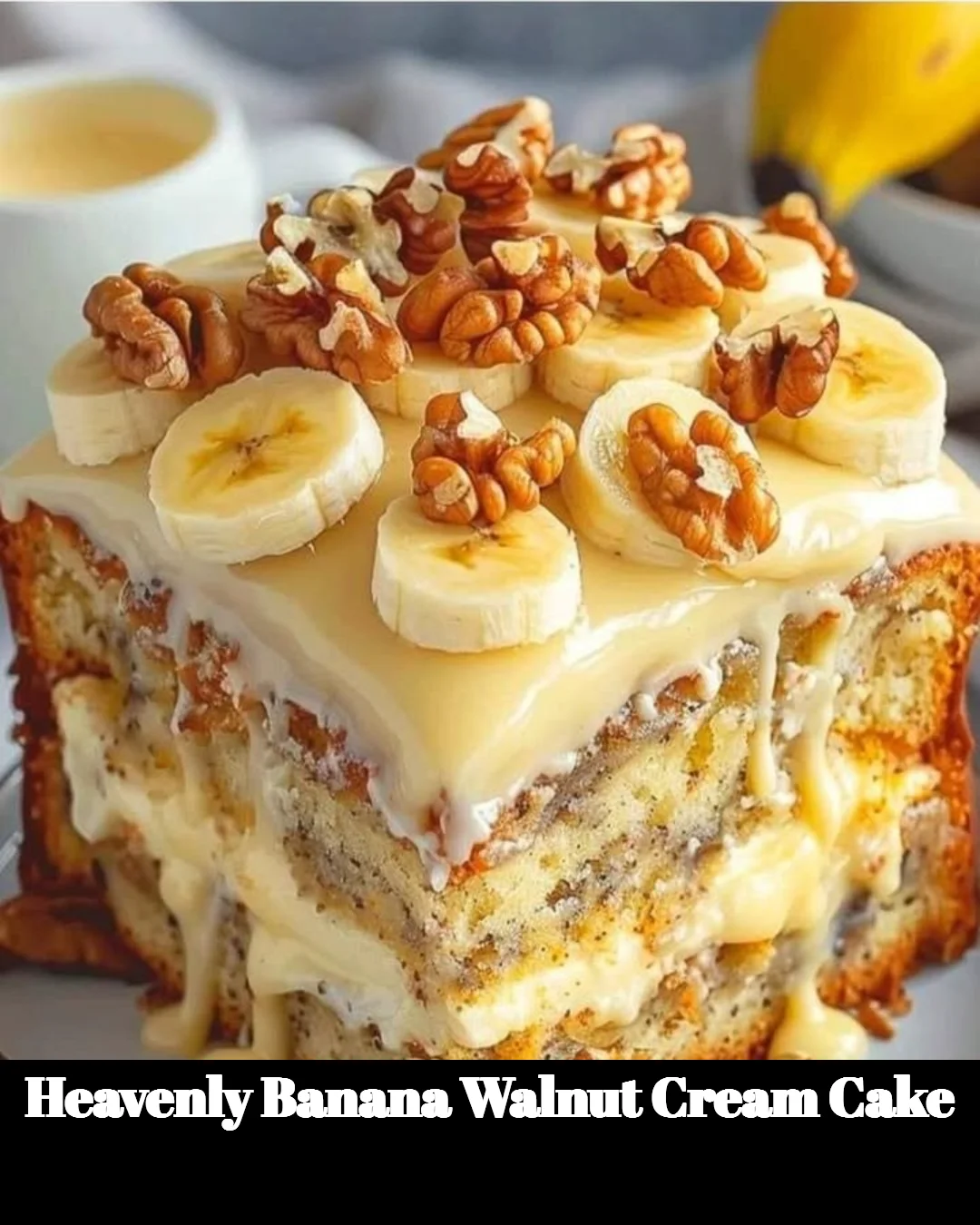 Heavenly banana walnut cream cake with frosting and nuts on top