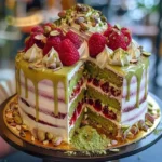 Slice of Heavenly Pistachio Raspberry Dream Cake topped with fresh raspberries