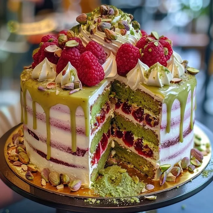 Slice of Heavenly Pistachio Raspberry Dream Cake topped with fresh raspberries