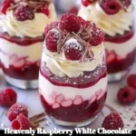 Heavenly raspberry white chocolate mousse parfait served in a glass.