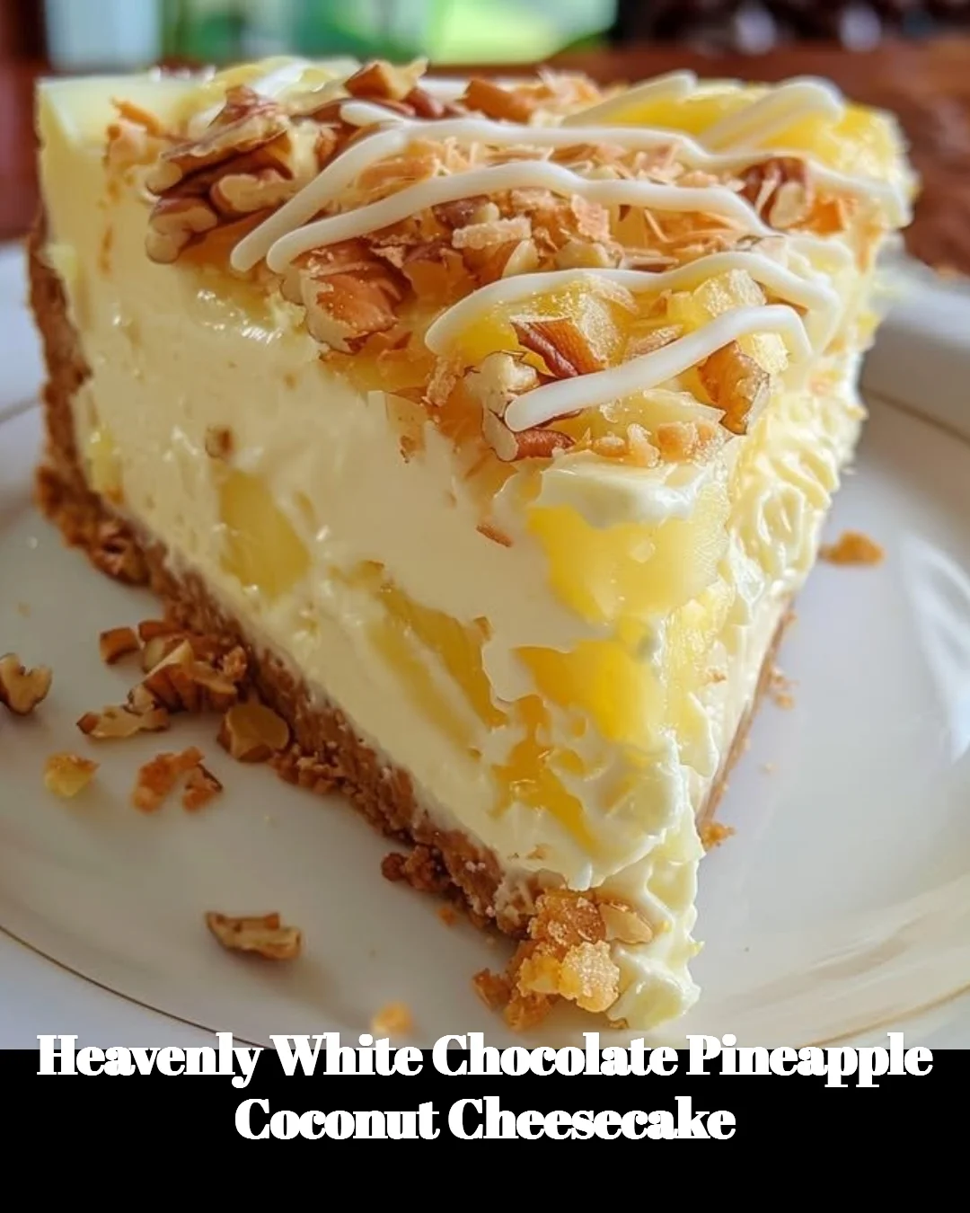 Heavenly white chocolate cheesecake topped with pineapple and coconut