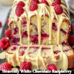Heavenly white chocolate raspberry cake adorned with fresh raspberries.