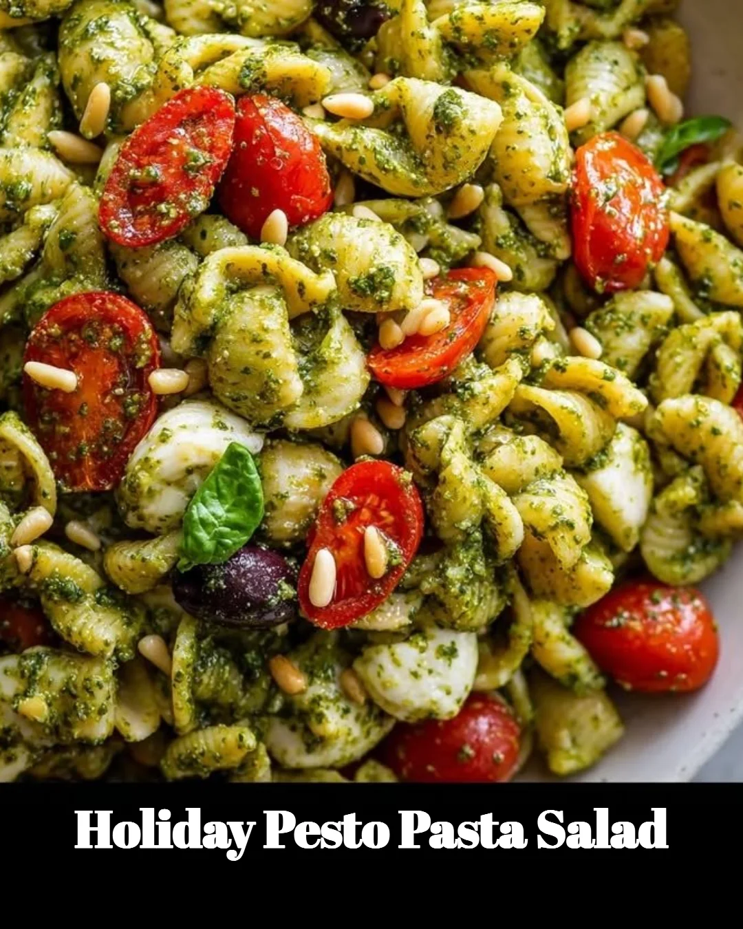A colorful Holiday Pesto Pasta Salad featuring fresh ingredients and vibrant flavors.