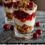 Holiday yogurt parfaits with cranberries and granola in a glass dish