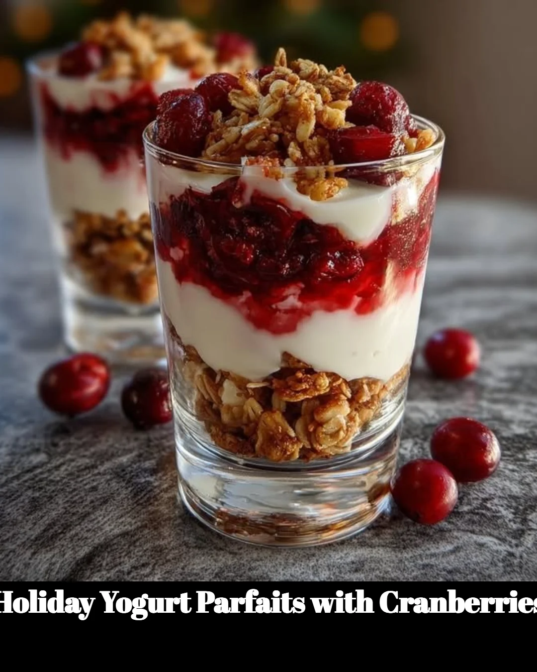 Holiday yogurt parfaits with cranberries and granola in a glass dish
