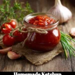 Bottle of homemade ketchup with fresh tomatoes and spices