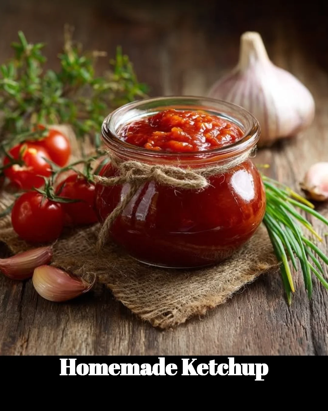 Bottle of homemade ketchup with fresh tomatoes and spices