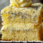 Homemade lemon poppy seed pudding cake topped with fresh lemon zest