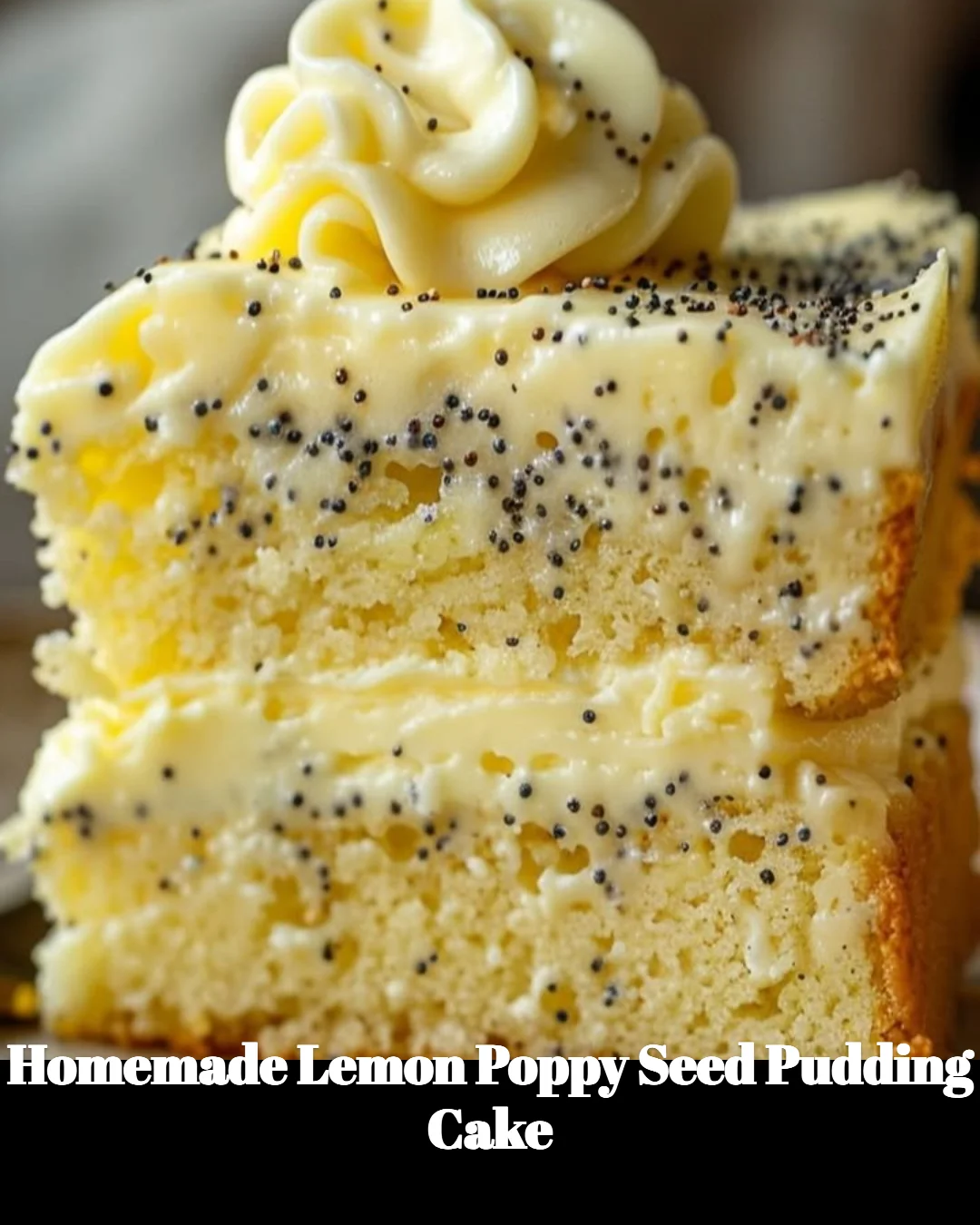 Homemade lemon poppy seed pudding cake topped with fresh lemon zest