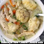 Delicious homestyle slow-cooked chicken served with fluffy dumplings