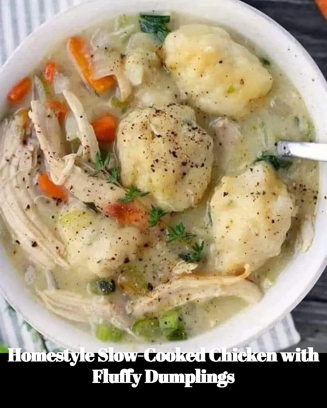 Delicious homestyle slow-cooked chicken served with fluffy dumplings