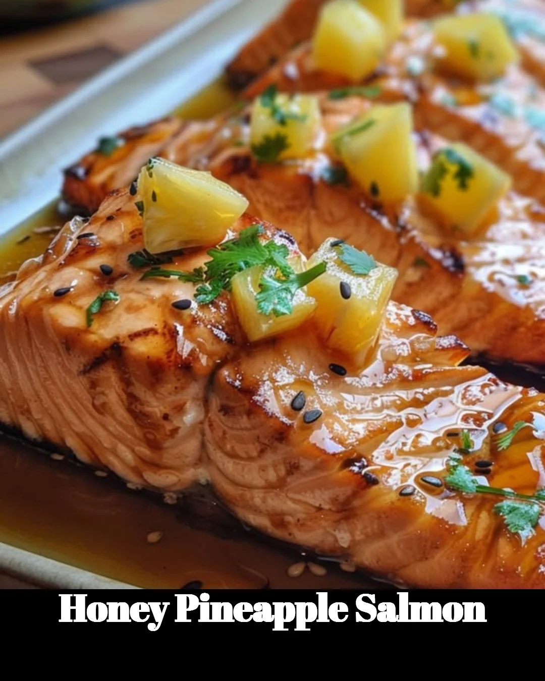 Delicious Honey Pineapple Salmon served on a plate with fresh herbs.