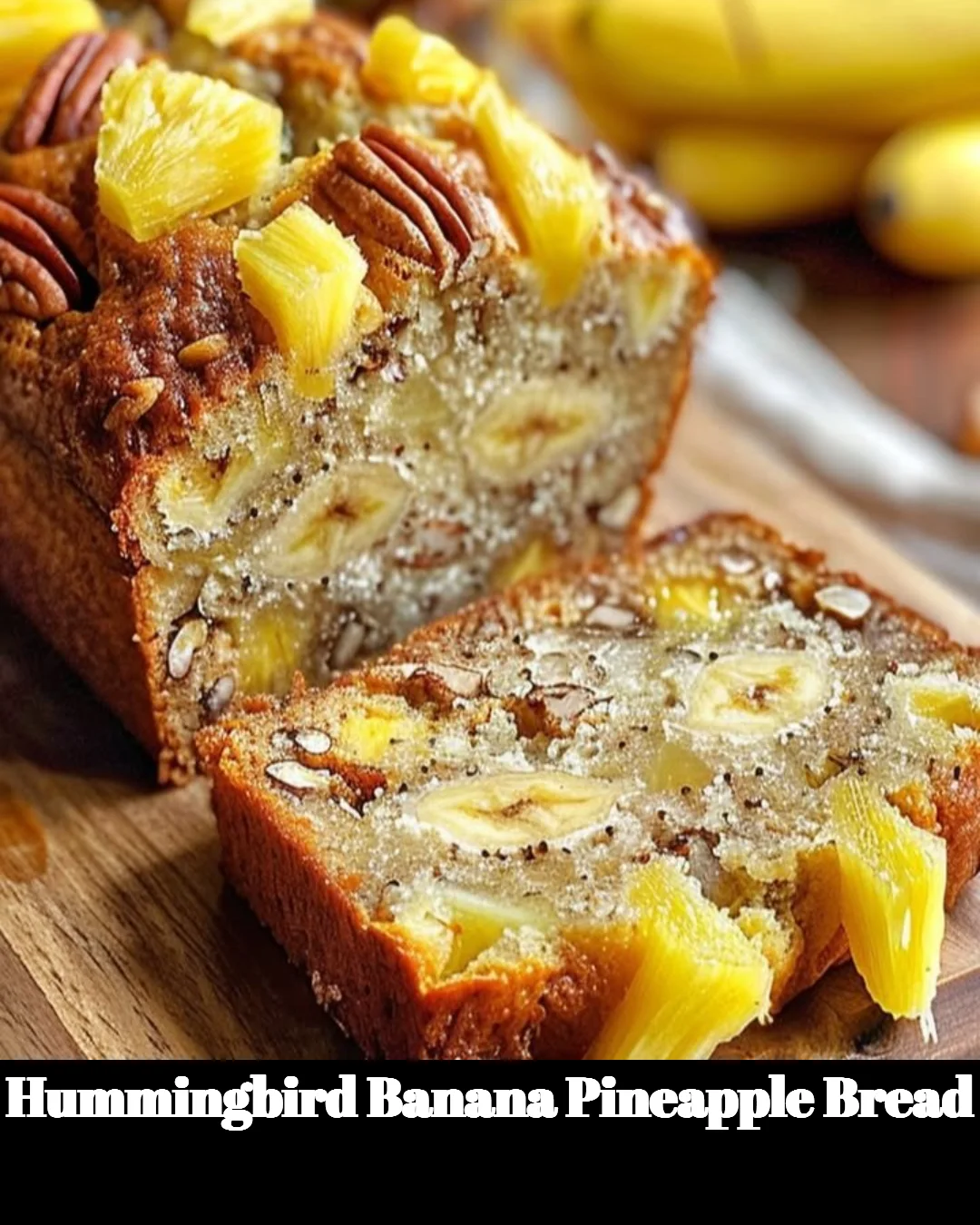 Deliciously moist Hummingbird Banana Pineapple Bread with chunks of banana and pineapple