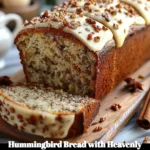 Sliced Hummingbird Bread with creamy cinnamon frosting on top.
