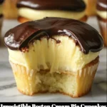 Delicious Boston Cream Pie Cupcakes topped with chocolate ganache and vanilla cream