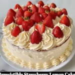 Delicious strawberry lemon cake garnished with fresh strawberries and lemon zest
