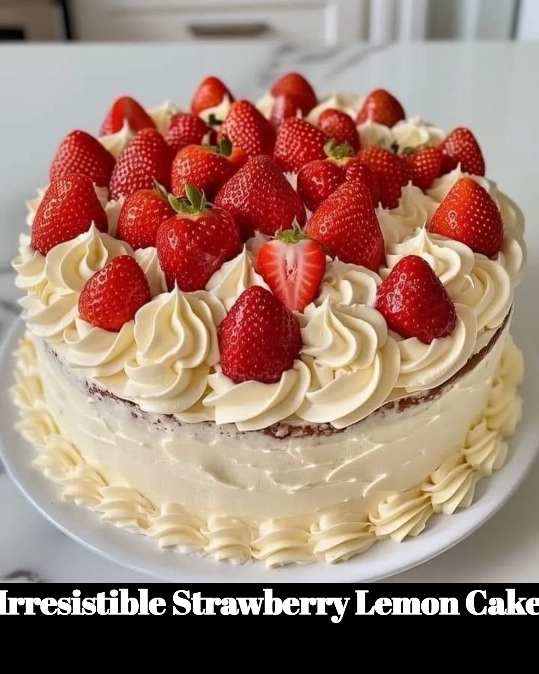 Delicious strawberry lemon cake garnished with fresh strawberries and lemon zest