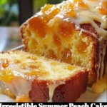 Slice of irresistible summer peach cake with fresh peaches on top