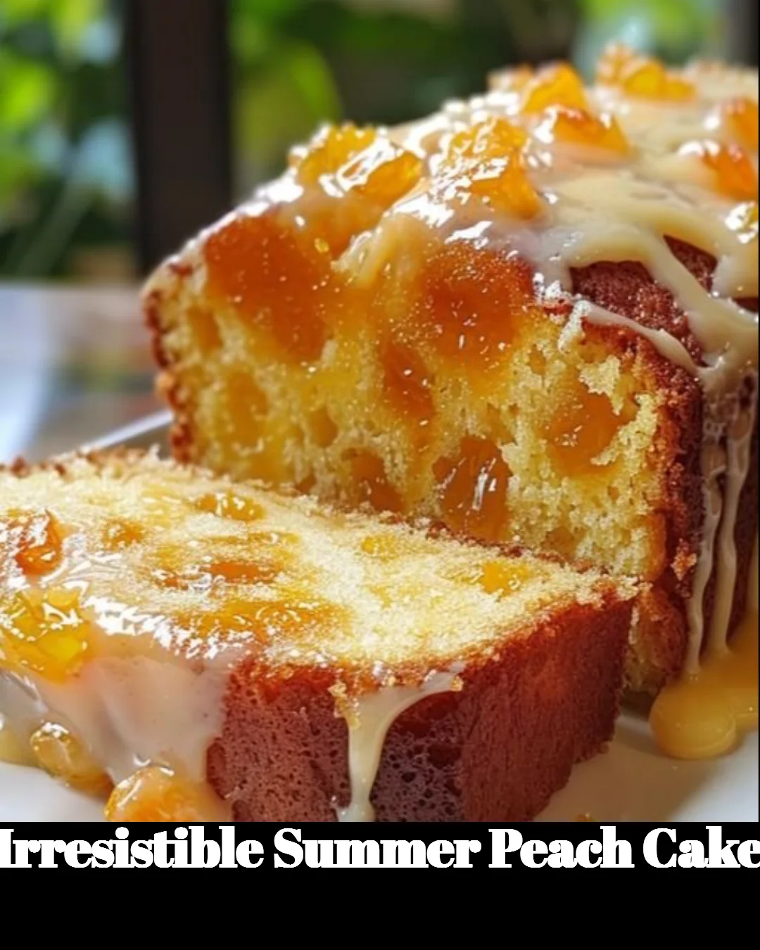 Slice of irresistible summer peach cake with fresh peaches on top