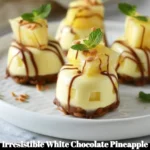 Irresistible white chocolate pineapple cheesecake bites on a plate.
