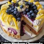 Slice of lemon blueberry cheesecake with fresh blueberries on top