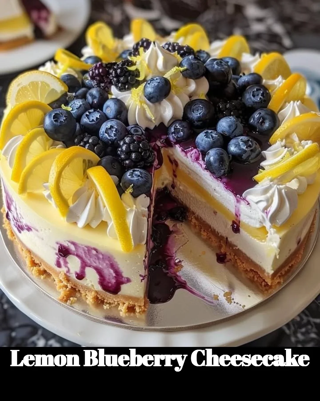 Slice of lemon blueberry cheesecake with fresh blueberries on top