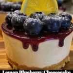Sliced lemon blueberry cheesecake garnished with fresh blueberries and lemon zest.