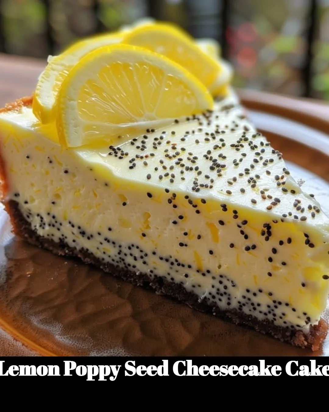 Delicious lemon poppy seed cheesecake cake with a creamy topping and poppy seeds.