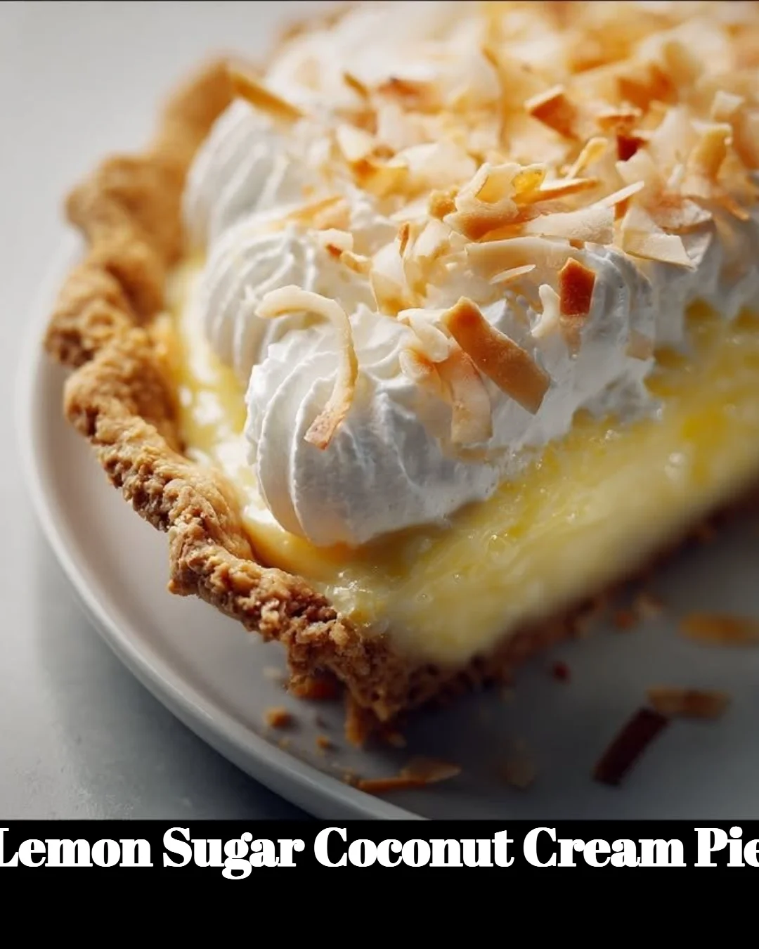 Lemon Sugar Coconut Cream Pie topped with whipped cream and lemon zest.