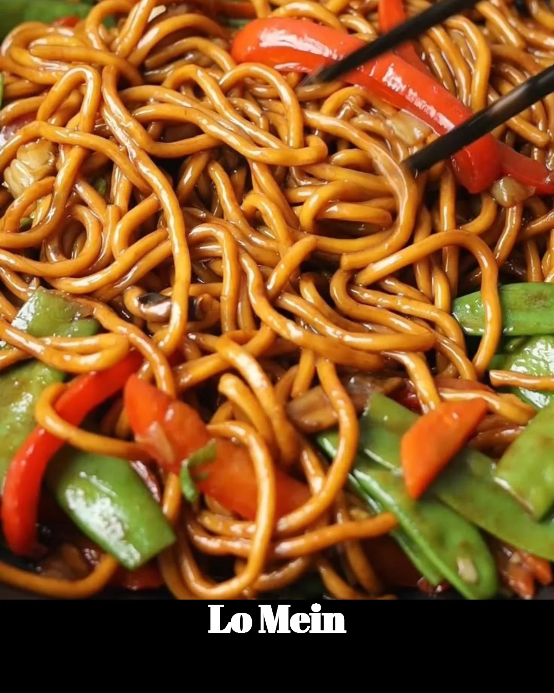 Bowl of flavorful Lo Mein noodles with vegetables and protein over a colorful background.