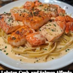 Delicious Lobster Alfredo with crab and salmon served in a creamy sauce