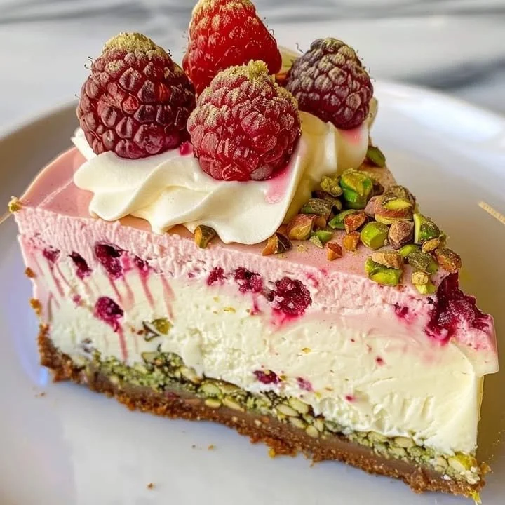 Slice of raspberry pistachio cheesecake topped with fresh raspberries and pistachios