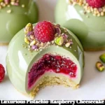 Luxurious pistachio-raspberry cheesecake domes topped with gold leaf