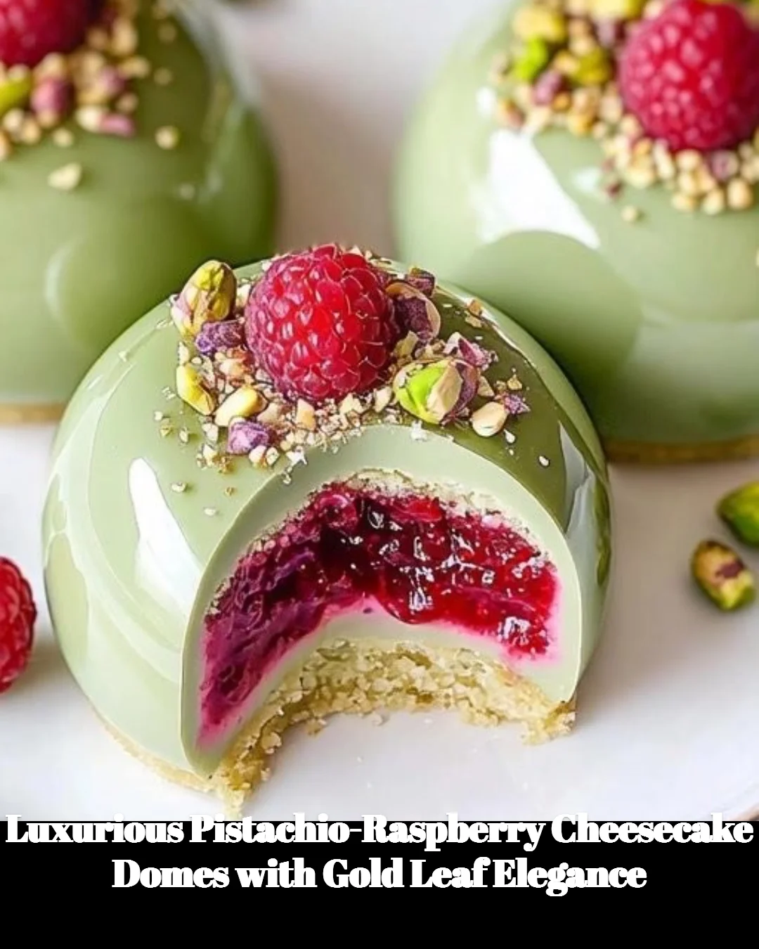 Luxurious pistachio-raspberry cheesecake domes topped with gold leaf
