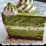 Delicious matcha cheesecake with white chocolate topping on a plate.