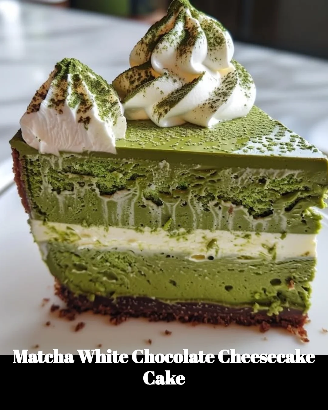 Delicious matcha cheesecake with white chocolate topping on a plate.