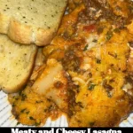 Meaty and cheesy lasagna served in a casserole dish