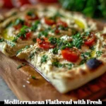 Mediterranean Flatbread with herbs and hummus on a wooden platter