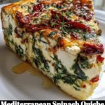 Slice of Mediterranean Spinach Quiche with fresh spinach and herbs
